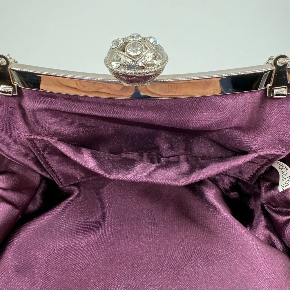 Dollhouse Satin Ruffled Front Jeweled Kiss-Lock Purple Handbag ClutchFormal Prom